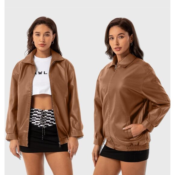 Women's Brown Oversized Faux Leather Fashion Zip Up Motorcycle Loose Fit Jacket - Picture 3 of 6